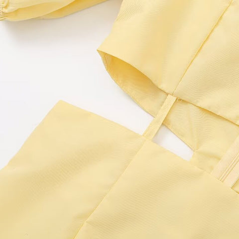 Sonicelife Women's Yellow Dress with Puffed Sleeves Waist Opening Hollow Design Fashion Sexy Commuter Temperament Midi New