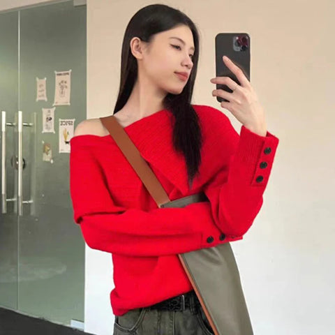 Sonicelife French Slash Neck Pullover Women Elegant Chic Knitted Off Shoulder Jumpers Autumn Winter Long Sleeve Streetwear Sexy Pullover