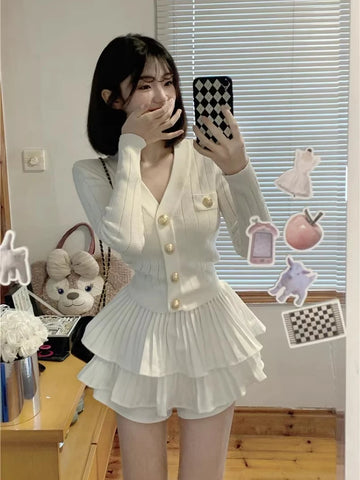 Sonicelife 2025 Spring Korea Fashion Knitted Suit Black Slim 2 Piece Skirt Set Casual Elegant Sweater + Women Outwear Casual Y2k Mini Skirt