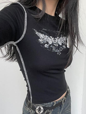 Sonicelife-Long Sleeve Wings Print Slim-Fit T-Shirt