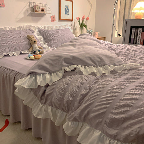 Sonicelife Pink Ruffled Seersucker Duvet Cover Set 3/4pcs Soft Lightweight Down Alternative Grey Bedding  with Bed Skirt and Pillowcases