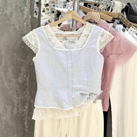 Sonicelife Cute Blue Striped 2 Piece Set Outfits Women New Buttons T-shirts+Buttons Straight Short Pants Sweet Lace Trim Blouse Shorts Sets