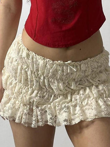 Sonicelife Lace Ruched Low-Rise Double-Layer Mini Skirt