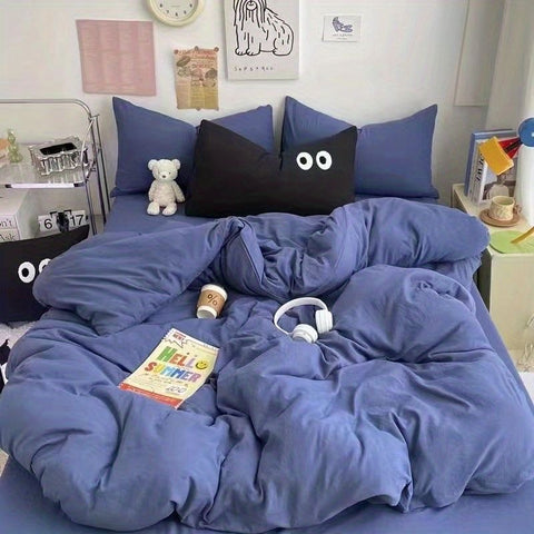 Sonicelife Cute Duvet Cover Set with Sheet Pillowcase No Filler Warm Solid Color Bed Linen Full Queen Size Korean Big Eyes Home Bedding Set