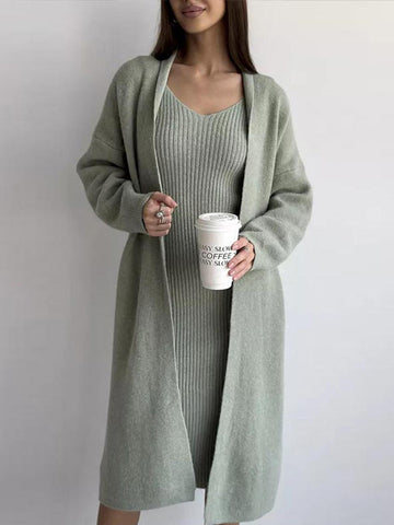 Black Friday Sonicelife Casual Knitted Sling Dresses Cardigan Set Women Loose Solid V-neck Knitwear Long Open Sweater Woman's Sets Autumn Chic Oufits