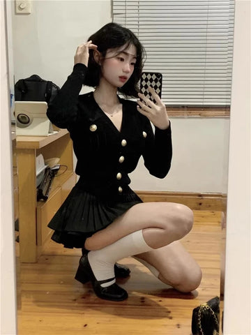 Sonicelife 2025 Spring Korea Fashion Knitted Suit Black Slim 2 Piece Skirt Set Casual Elegant Sweater + Women Outwear Casual Y2k Mini Skirt