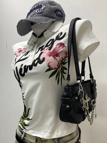 Sonicelife Summer Sexy One Shoulder Design Y2k Vintage T-Shirts Women Streetwear 2000s Casual Print Tees 2025 Korean Fashion Punk Crop Tops