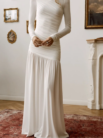 Sonicelife Fashion White Off Shoulder Long Dress Elegant Full Sleeve Slim Fit Pleated Dresses New Women's Summer Party Club Vestidos 2025