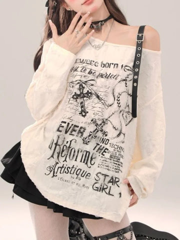 Sonicelife Sexy Hollow Out T Shirt Women Gothic Goth Grunge Dark Off Shoulder Tees Streetwear Letter Print Fashion Tops Autumn