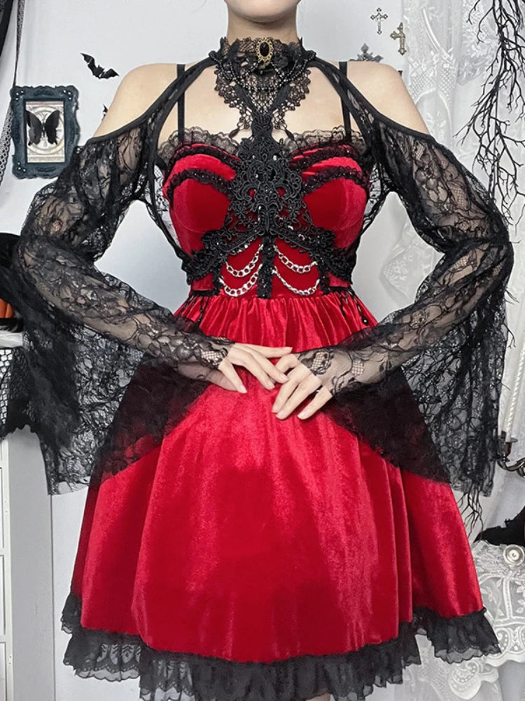 Sonicelife Vintage Gothic Lace Smock Women Sexy Streetwear Aesthetic Dark Punk Y2k Alt See Through Flare Sleeve Crop Blouse Female