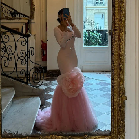 Sonicelife Customized Exquisite Jersey Pleat Flower Mermaid Square Neck Long Dresses Bespoke Occasion Dresses Modern Style Pastrol Chinese (PRE-ORDER)