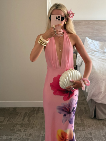 Sonicelife Elegant Lady Print Midi Dress Casual Holiday Deep V With Scarf Open Back Dresses New Woman Summer Vocation Beach Gowns Robe 2025