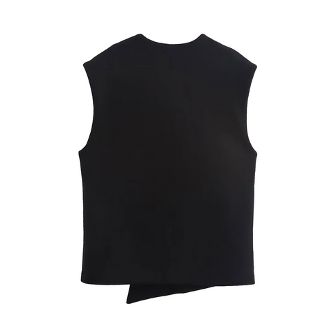 Sonicelife Women's Black Knitted Waistcoat V-neck asymmetrical Diagonal Breasted Modify Commuter Temperament Casual Vest Style New