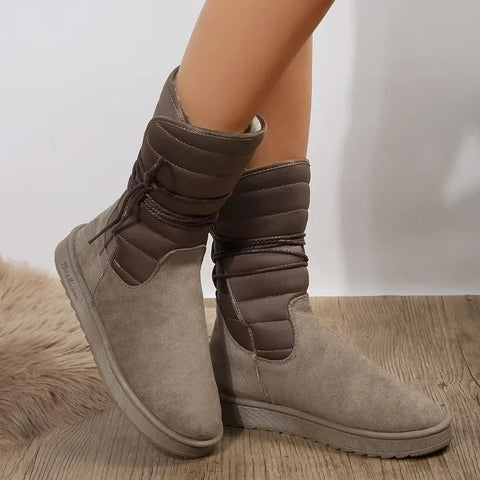 Sonicelife 2025 Platform Mid-calf Boots Womens Winter Warm Plush Suede Snow Boots Waterproof Designer Flats Lace Up  Cotton Shoe Boots