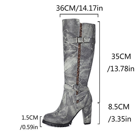 thanksgiving outfit Sonicelife Women Knee High Boots Print Round Toe Block Heels 8.5cm Buckles Zip Extra Big Size US17 49 48 Vintage Riding Booties