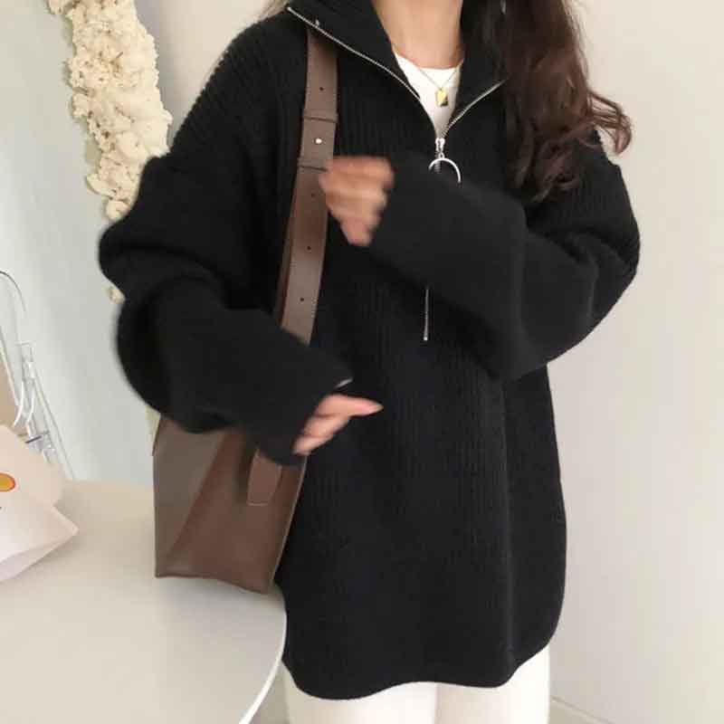 Black Friday Sonicelife Turtleneck Knitted Pullovers Women Autumn Warm Solid Zipper Long Sleeve Casual Jumper Fashion Loose All Match Sweaters