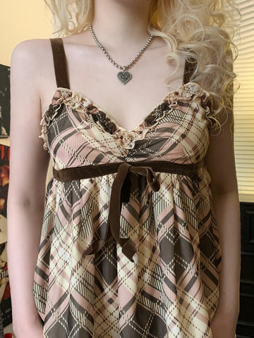 Sonicelife Y2k Vintage Plaid Camisole Women Streetwear Pastel Goth Bow Patchwork High Waist Loose Crop Tank Tops Cute Sweet Outfits