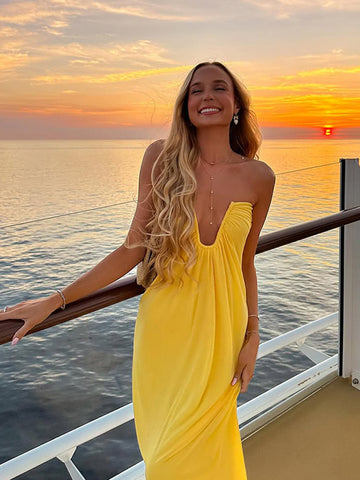 Sonicelife Sexy Loose V Neck Off-the-shoulder Long Dress Elegant Yellow Sleeveless Backless Pleated Dresses New Lady Vacation Beach Vestido