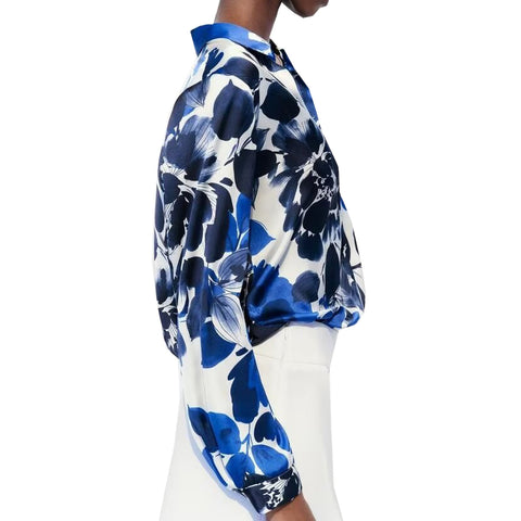 Sonicelife Flower Printed Silk Shirt for Women, Satin Texture, Casual Versatile, Single Breasted, Long Sleeved Top, New Fashion
