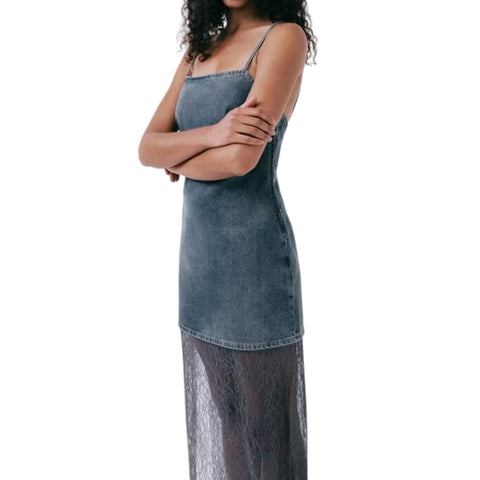 Sonicelife Women's Sleeveless Lace Long Dress with Patchwork, New Suspender, Lace, See-through, See-through, Sensual Lingerie