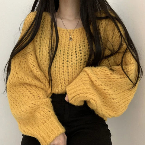 Sonicelife Women Hollow Out Solid Sweater Lantern Sleeve O-Neck Knitted Pullovers Casual Loose Sweater For Women 2024 Autumn Winter