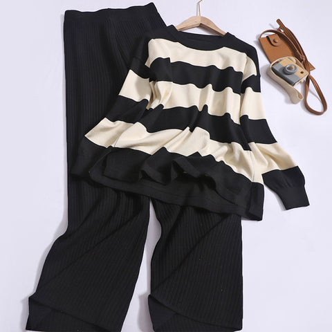 Sonicelife Contrast Color Striped Split O-Neck Long Sleeved Tops and High Waist Casual Wide Leg Pants Suit Fashion Women Two-piece Set