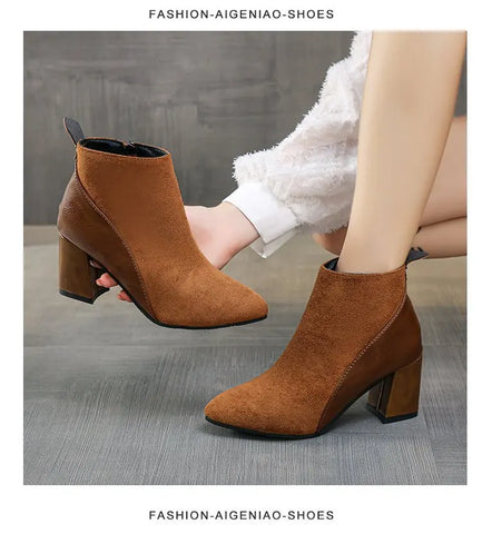 Sonicelife 2025  Autumn/Winter Women Ankle Boots Pointed Fashion Short  Suede Panel Side Zipper Thick Heels Women's Shoes Large 44