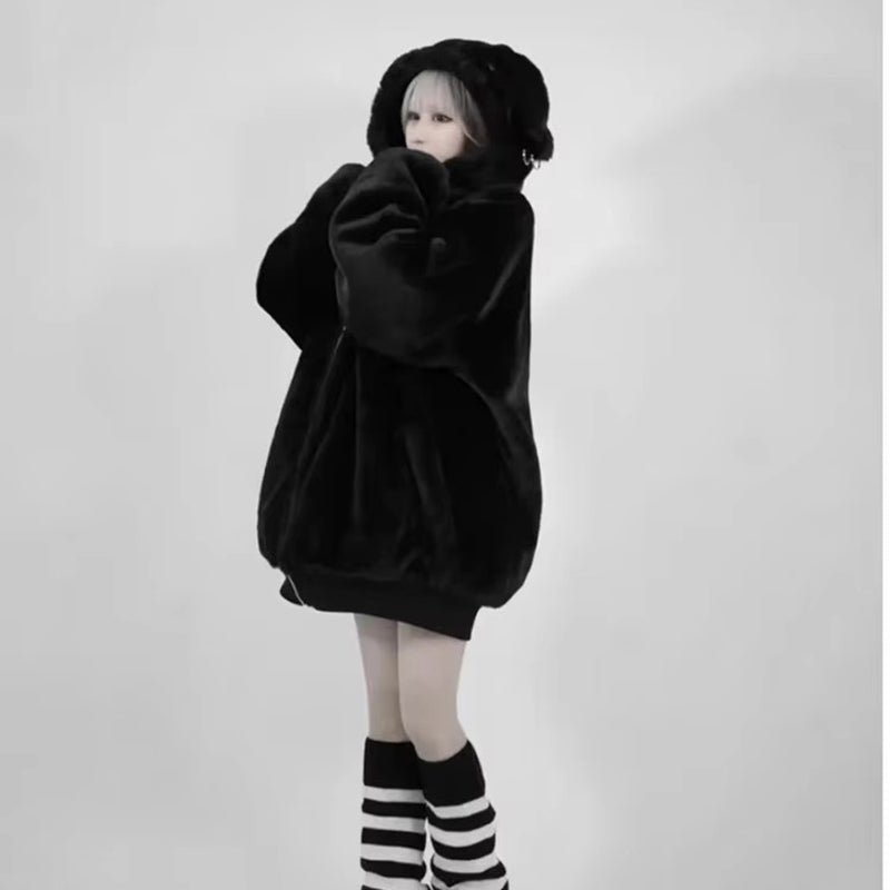 christmas outfit Sonicelife Winter Cool Oversized Warm Thick Soft Faux Fur Coat Hoodie Women with Bear Ears Punk Style Fluffy Jacket Streetwear