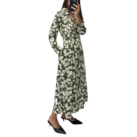 Sonicelife Women's Floral Printed Long Sleeve Dress, Long Skirt with Pleats, Slimming Waist Belt, Temperament, New, Shirt Style