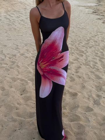Sonicelife Vintage Flower Printing Contrasting Off Shoulder Dress Fashion U Neck Bodycon Sling Robes 2025 New Ladies Summer Beach Dresses