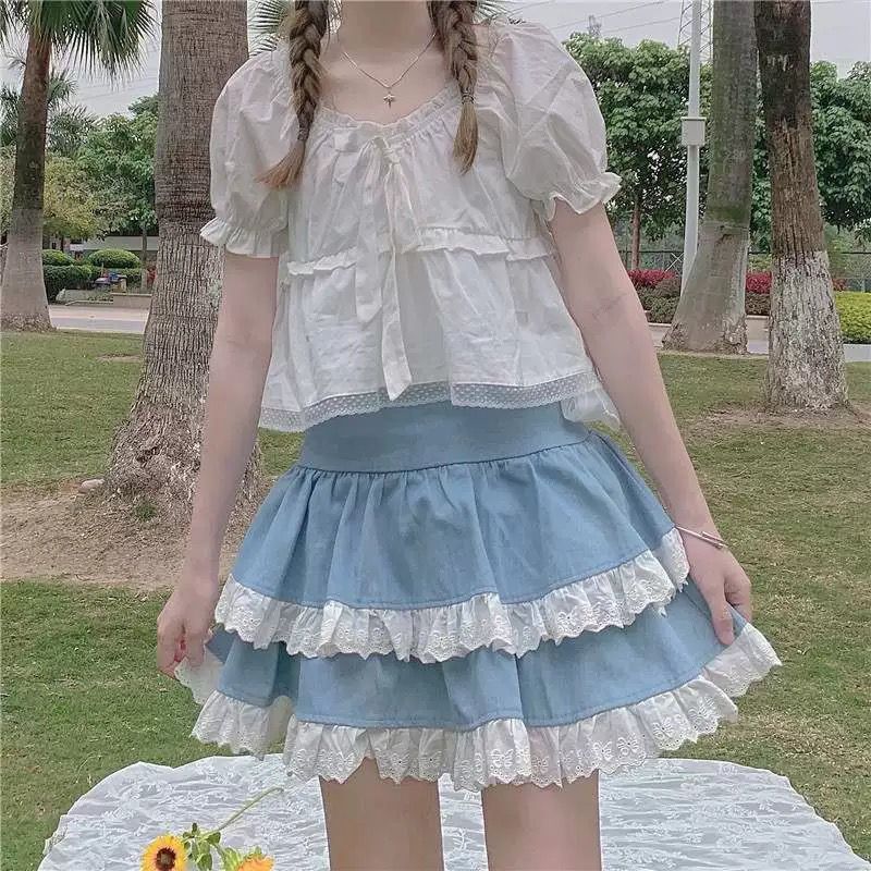 Sonicelife Kawaii Lace Skirt Cute Hot Girl Clothing Summer Cake skirt Casual Loose Korea Blue 2000s Sweet Women Skirts Low-waist Y2k Skirts