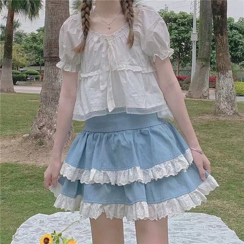 Sonicelife Kawaii Lace Skirt Cute Hot Girl Clothing Summer Cake skirt Casual Loose Korea Blue 2000s Sweet Women Skirts Low-waist Y2k Skirts