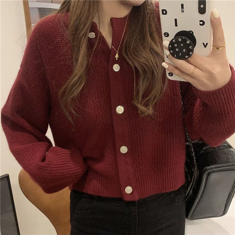 Sonicelife Korean Sweet Cardigan Women Long Sleeve Fashion Elegant Knitted Tops Casual O Neck Single Breasted Female Casual Cardigan