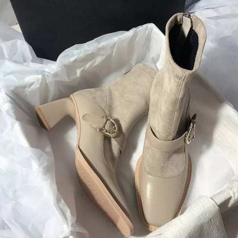 Sonicelife Suede Women Chunky Ankle Boots Mid Heels Fashion Leather Shoes  2025   Trend Goth Chelsea Boots Pumps New Muejr Snow Botas