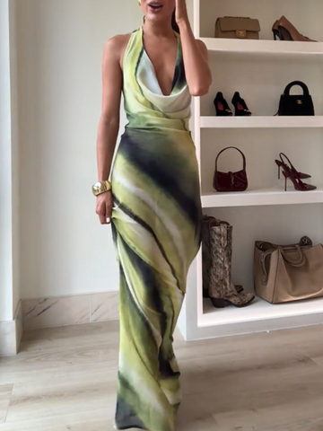 Sonicelife 2025 New Gradient Tie Dye Contrasting Halter Dress Women Open Back Sleeveless Maxi Robes Female High Street Party Long Dresses
