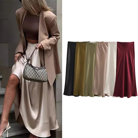 Sonicelife Ladies Satin Skirt Women High Waist Long Skirts For Women Spring Summer Black Midi Skirt Office Lady Elegant Women's Skirts