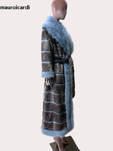 christmas outfit Sonicelife Autumn Winter Extra Long Striped Thick Warm Faux Fur Coat Women with Fur Trim Elegant Luxury Maxi Furry Overcoat