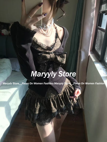Sonicelife Autumn Winter Vintage Leopard Print Women Outfits Sexy Bow Fake Two Piece Tops + Lace Mini Cake Skirt 2 Piece Set Y2k Clothjing