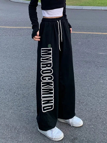 Sonicelife Women Streetwear Letter Sweatpants Loose High Waist Retro Harajuku Trousers Casual Lace Up American Fall Bf Oversize Pants