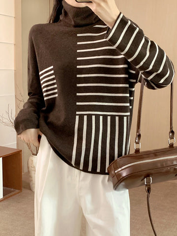 christmas outfit Sonicelife Long Sleeves Loose Contrast Color Striped High Neck Pullovers Sweater Tops