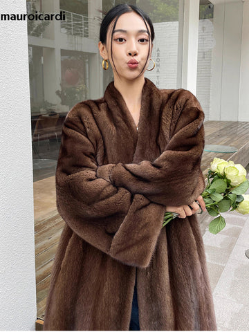 christmas outfit Sonicelife Winter Long Brown Thick Warm Soft Fluffy Faux Mink Fur Coat Women V Neck Loose Chic Stylish Luxury Designer Clothes