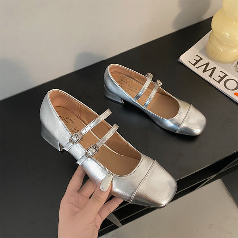 Sonicelife 2024 Spring Leather  Straps Square Head Thick Heel Mary Jane Shoes Women's Low Heel Follow-up Shoes Womens Shoes High Heels