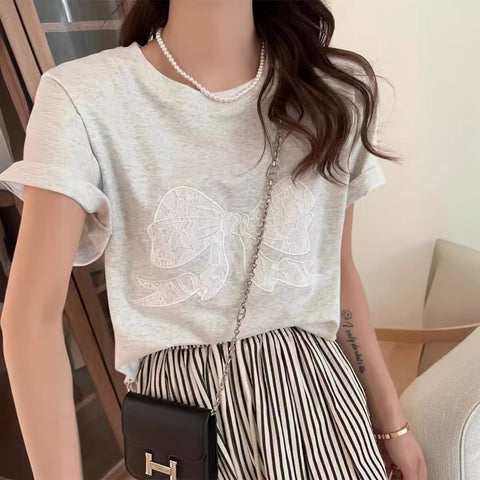 Sonicelife Embroidery Bow Oversized Short Sleeve Tee