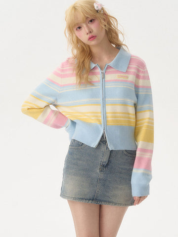 Sonicelife Fashion Rainbow Cardigan Sweaters Women Casual Zipper Sweet Knitted Short Coat Japan Slim Long Sleeve Female Fall Tops New