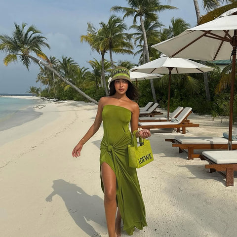 Sonicelife Elegant Pleated Backless Sleeveless Maxi Dress Sexy Green Open Fork Slim Fit Dresses New Lady Summer Vacation Party Robes 2025
