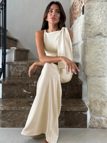 Sonicelife New Elegant Lace Up White Long Dress Lady Summer Sleeveless Round Neck Bodycon Maxi Dresses 2025 Summer Lady Holiday Club Robes
