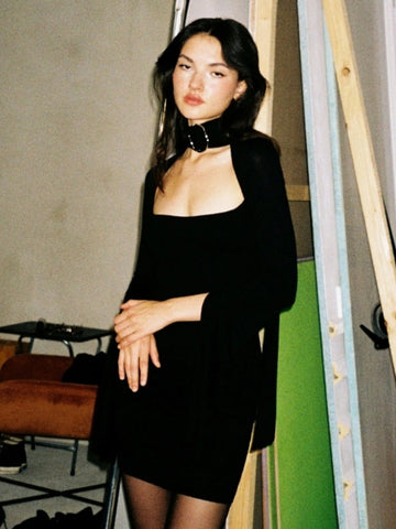 Sonicelife Streetwear Sexy Gothic Dress Women Harajuku Cyber Punk Y2k Metal Buckle Hollow Out Halter Long Sleeve Bodycon Dresses