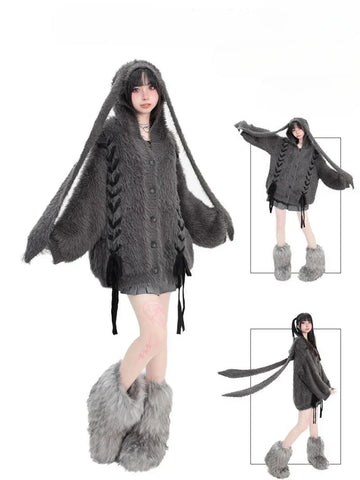 Sonicelife New Y2K Sweater Bunny Plush Thickened Cardigan Sweater Women Autumn Winter Design Cute Loose Mid Length Coat Gray Hooded Sweater