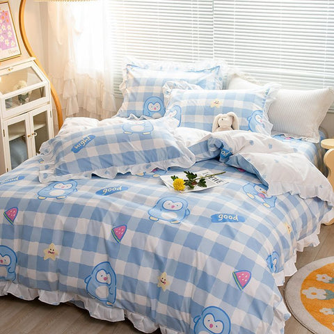 Sonicelife Cute Bear Printed Bedding Set Ins Solid Color Linen And Duvet Cover With Pillowcases Single Double Full Size For Kids Adults