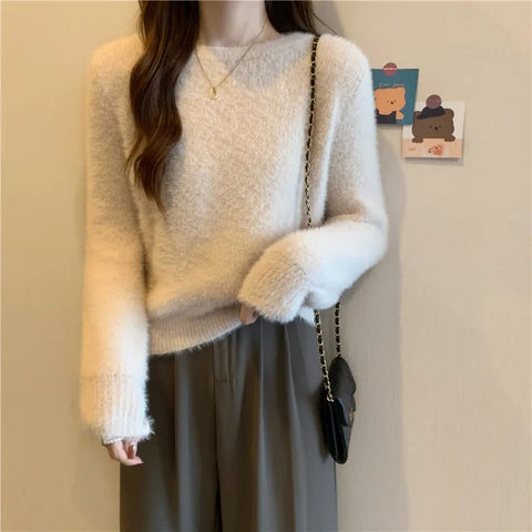 Black Friday Sonicelife Autumn Winter Knitted Sweater Women Fashion Korean Hairy Loose Long Sleeve All Match Pullover Sweaters Solid O Neck Warm Jumper